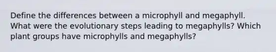 Define the differences between a microphyll and megaphyll. What were the evolutionary steps leading to megaphylls? Which plant groups have microphylls and megaphylls?