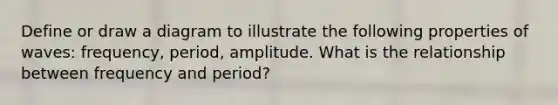 Define or draw a diagram to illustrate the following properties of waves: frequency, period, amplitude. What is the relationship between frequency and period?