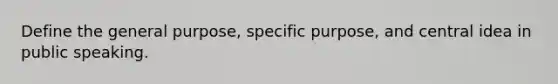 Define the general purpose, specific purpose, and central idea in public speaking.