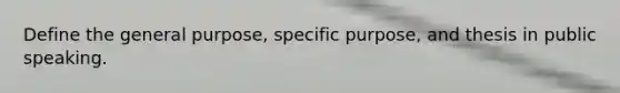 Define the general purpose, specific purpose, and thesis in public speaking.