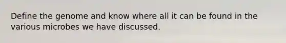 Define the genome and know where all it can be found in the various microbes we have discussed.