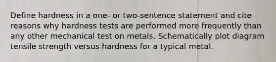 Define hardness in a one- or two-sentence statement and cite reasons why hardness tests are performed more frequently than any other mechanical test on metals. Schematically plot diagram tensile strength versus hardness for a typical metal.