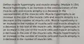 Define muscle hypertrophy and muscle atrophy. (Module 9.15A) Muscle hypertrophy is an increase in the vascularization of the muscle cells and muscle atrophy is a decrease in the vascularization of the muscle cells. Muscle hypertrophy is an increase in the size of the muscle cells and muscle atrophy is a decrease in the number of muscle cells. Muscle hypertrophy is an increase in the number of muscle cells and muscle atrophy is a decrease in the size of the muscle cells. Muscle hypertrophy is an increase in the size of the muscle cells and muscle atrophy is a decrease in the size of the muscle cells. Muscle hypertrophy is an increase in the number of muscle cells and muscle atrophy is a decrease in the number of muscle cells.