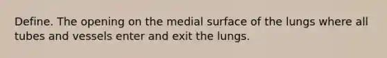 Define. The opening on the medial surface of the lungs where all tubes and vessels enter and exit the lungs.