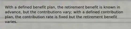 With a defined benefit plan, the retirement benefit is known in advance, but the contributions vary; with a defined contribution plan, the contribution rate is fixed but the retirement benefit varies.