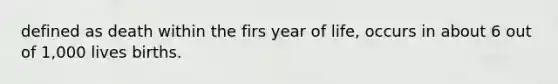 defined as death within the firs year of life, occurs in about 6 out of 1,000 lives births.