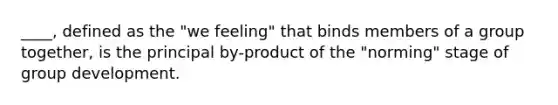 ____, defined as the "we feeling" that binds members of a group together, is the principal by-product of the "norming" stage of group development.