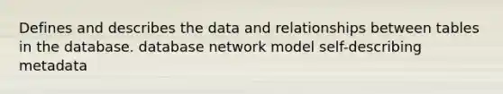 Defines and describes the data and relationships between tables in the database. database network model self-describing metadata