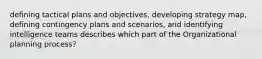 defining tactical plans and objectives, developing strategy map, defining contingency plans and scenarios, and identifying intelligence teams describes which part of the Organizational planning process?