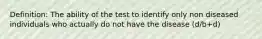 Definition: The ability of the test to identify only non diseased individuals who actually do not have the disease (d/b+d)