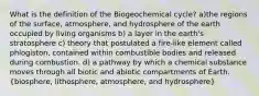 What is the definition of the Biogeochemical cycle? a)the regions of the surface, atmosphere, and hydrosphere of the earth occupied by living organisms b) a layer in the earth's stratosphere c) theory that postulated a fire-like element called phlogiston, contained within combustible bodies and released during combustion. d) a pathway by which a chemical substance moves through all biotic and abiotic compartments of Earth. (biosphere, lithosphere, atmosphere, and hydrosphere)