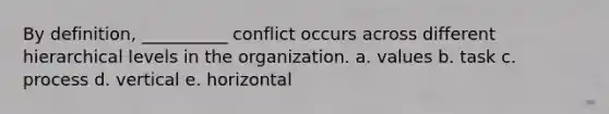 By definition, __________ conflict occurs across different hierarchical levels in the organization. a. values b. task c. process d. vertical e. horizontal