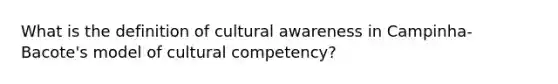 What is the definition of cultural awareness in Campinha-Bacote's model of cultural competency?