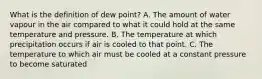 What is the definition of dew point? A. The amount of water vapour in the air compared to what it could hold at the same temperature and pressure. B. The temperature at which precipitation occurs if air is cooled to that point. C. The temperature to which air must be cooled at a constant pressure to become saturated