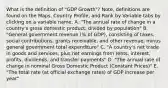 What is the definition of "GDP Growth"? Note, definitions are found on the Maps, Country Profile, and Rank by Variable tabs by clicking on a variable name. A. "The annual rate of change in a country's gross domestic product, divided by population" B. "General government revenue (% of GDP), consisting of taxes, social contributions, grants receivable, and other revenue, minus general government total expenditure" C. "A country's net trade in goods and services, plus net earnings from rents, interest, profits, dividends, and transfer payments" D. "The annual rate of change in nominal Gross Domestic Product (Constant Prices)" E. "The total rate (at official exchange rates) of GDP increase per year"