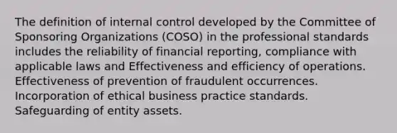 The definition of internal control developed by the Committee of Sponsoring Organizations (COSO) in the professional standards includes the reliability of financial reporting, compliance with applicable laws and Effectiveness and efficiency of operations. Effectiveness of prevention of fraudulent occurrences. Incorporation of ethical business practice standards. Safeguarding of entity assets.