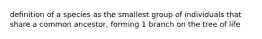 definition of a species as the smallest group of individuals that share a common ancestor, forming 1 branch on the tree of life