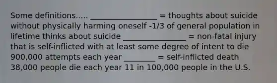 Some definitions..... _________________ = thoughts about suicide without physically harming oneself -1/3 of general population in lifetime thinks about suicide ________________ = non-fatal injury that is self-inflicted with at least some degree of intent to die 900,000 attempts each year ________ = self-inflicted death 38,000 people die each year 11 in 100,000 people in the U.S.