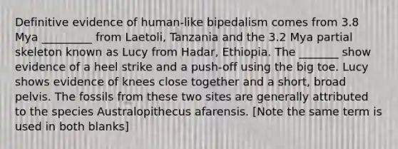 Definitive evidence of human-like bipedalism comes from 3.8 Mya _________ from Laetoli, Tanzania and the 3.2 Mya partial skeleton known as Lucy from Hadar, Ethiopia. The _______ show evidence of a heel strike and a push-off using the big toe. Lucy shows evidence of knees close together and a short, broad pelvis. The fossils from these two sites are generally attributed to the species Australopithecus afarensis. [Note the same term is used in both blanks]