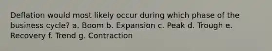 Deflation would most likely occur during which phase of the business cycle? a. Boom b. Expansion c. Peak d. Trough e. Recovery f. Trend g. Contraction