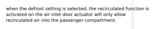 when the defrost setting is selected, the recirculated function is activated on the air inlet door actuator will only allow recirculated air into the passenger compartment.