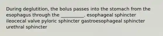 During deglutition, the bolus passes into <a href='https://www.questionai.com/knowledge/kLccSGjkt8-the-stomach' class='anchor-knowledge'>the stomach</a> from <a href='https://www.questionai.com/knowledge/kSjVhaa9qF-the-esophagus' class='anchor-knowledge'>the esophagus</a> through the __________. esophageal sphincter ileocecal valve pyloric sphincter gastroesophageal sphincter urethral sphincter