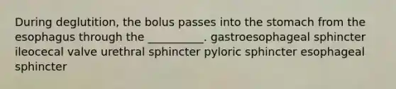 During deglutition, the bolus passes into the stomach from the esophagus through the __________. gastroesophageal sphincter ileocecal valve urethral sphincter pyloric sphincter esophageal sphincter