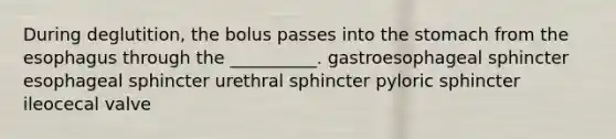 During deglutition, the bolus passes into the stomach from <a href='https://www.questionai.com/knowledge/kSjVhaa9qF-the-esophagus' class='anchor-knowledge'>the esophagus</a> through the __________. gastroesophageal sphincter esophageal sphincter urethral sphincter pyloric sphincter ileocecal valve