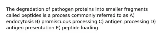 The degradation of pathogen proteins into smaller fragments called peptides is a process commonly referred to as A) endocytosis B) promiscuous processing C) antigen processing D) antigen presentation E) peptide loading