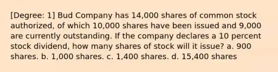 [Degree: 1] Bud Company has 14,000 shares of common stock authorized, of which 10,000 shares have been issued and 9,000 are currently outstanding. If the company declares a 10 percent stock dividend, how many shares of stock will it issue? a. 900 shares. b. 1,000 shares. c. 1,400 shares. d. 15,400 shares