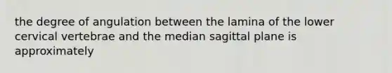 the degree of angulation between the lamina of the lower cervical vertebrae and the median sagittal plane is approximately