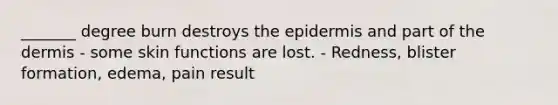 _______ degree burn destroys the epidermis and part of the dermis - some skin functions are lost. - Redness, blister formation, edema, pain result