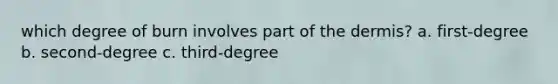 which degree of burn involves part of the dermis? a. first-degree b. second-degree c. third-degree