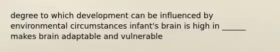 degree to which development can be influenced by environmental circumstances infant's brain is high in ______ makes brain adaptable and vulnerable