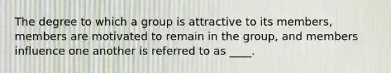 The degree to which a group is attractive to its members, members are motivated to remain in the group, and members influence one another is referred to as ____.