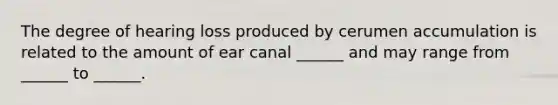 The degree of hearing loss produced by cerumen accumulation is related to the amount of ear canal ______ and may range from ______ to ______.