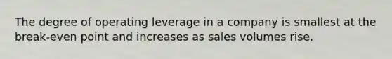 The degree of operating leverage in a company is smallest at the break-even point and increases as sales volumes rise.