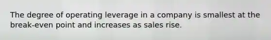 The degree of operating leverage in a company is smallest at the break-even point and increases as sales rise.