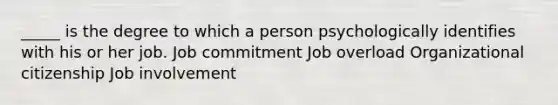 _____ is the degree to which a person psychologically identifies with his or her job. Job commitment Job overload Organizational citizenship Job involvement