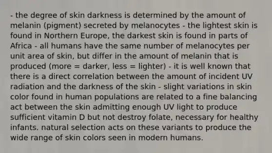 - the degree of skin darkness is determined by the amount of melanin (pigment) secreted by melanocytes - the lightest skin is found in Northern Europe, the darkest skin is found in parts of Africa - all humans have the same number of melanocytes per unit area of skin, but differ in the amount of melanin that is produced (more = darker, less = lighter) - it is well known that there is a direct correlation between the amount of incident UV radiation and the darkness of the skin - slight variations in skin color found in human populations are related to a fine balancing act between the skin admitting enough UV light to produce sufficient vitamin D but not destroy folate, necessary for healthy infants. natural selection acts on these variants to produce the wide range of skin colors seen in modern humans.