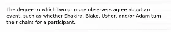 The degree to which two or more observers agree about an event, such as whether Shakira, Blake, Usher, and/or Adam turn their chairs for a participant.