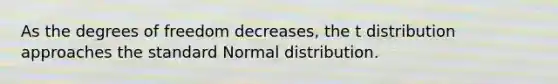 As the degrees of freedom decreases, the t distribution approaches the standard Normal distribution.