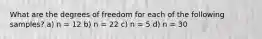 What are the degrees of freedom for each of the following samples? a) n = 12 b) n = 22 c) n = 5 d) n = 30