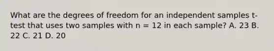 What are the degrees of freedom for an independent samples t-test that uses two samples with n = 12 in each sample? A. 23 B. 22 C. 21 D. 20