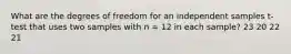 What are the degrees of freedom for an independent samples t-test that uses two samples with n = 12 in each sample? 23 20 22 21