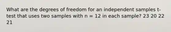 What are the degrees of freedom for an independent samples t-test that uses two samples with n = 12 in each sample? 23 20 22 21