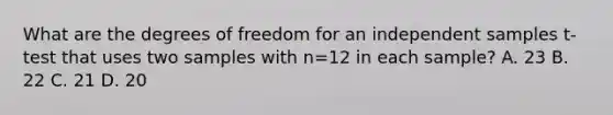 What are the degrees of freedom for an independent samples t-test that uses two samples with n=12 in each sample? A. 23 B. 22 C. 21 D. 20