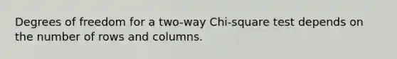 Degrees of freedom for a two-way Chi-square test depends on the number of rows and columns.