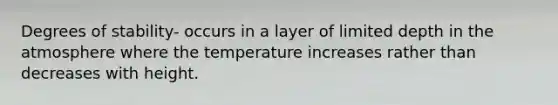 Degrees of stability- occurs in a layer of limited depth in the atmosphere where the temperature increases rather than decreases with height.