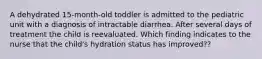 A dehydrated 15-month-old toddler is admitted to the pediatric unit with a diagnosis of intractable diarrhea. After several days of treatment the child is reevaluated. Which finding indicates to the nurse that the child's hydration status has improved??